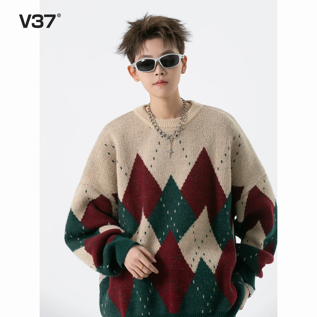 V37圣诞节美式圆领毛衣2025秋冬季复古格子oversize高级感上衣