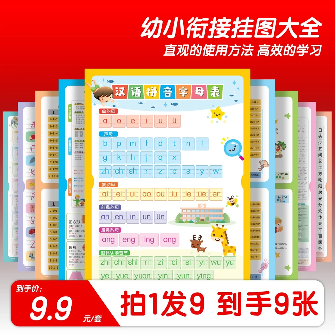 汉语拼音字母表挂图墙贴加减法乘法口诀表幼小衔接数学公式大全