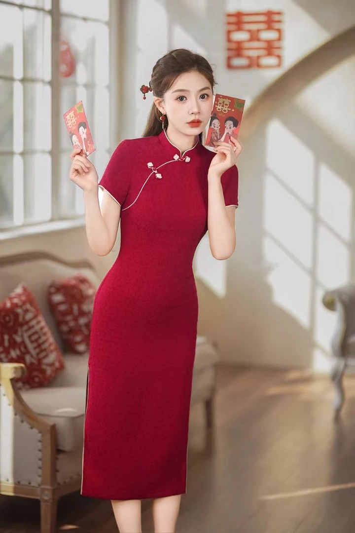 复古风旗袍2024年春夏红色敬酒服长款改良中式服小个子款式天丝断