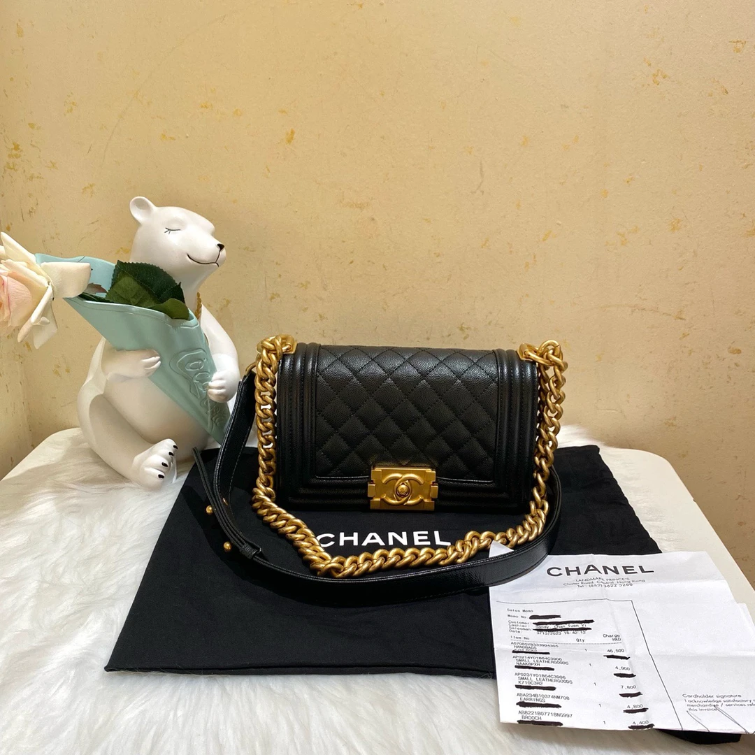 99新 Chanel/香奈儿 芯片款皮内/Leboy黑金荔枝纹小号