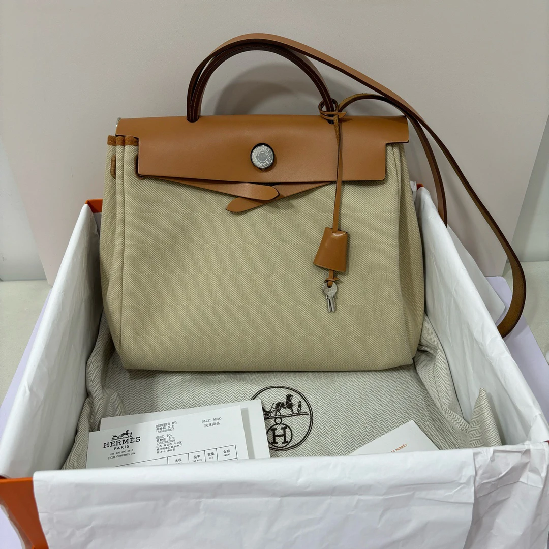 95新 Hermes/爱马仕 Hermes爱马仕 herbag31冰川白帆布银扣U刻