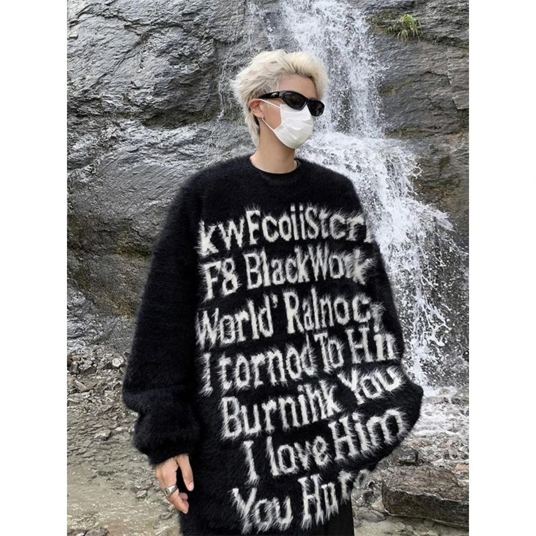 字母印花慵懒风情侣毛衣秋冬款加绒针织衫男款美式高街潮流外套ol