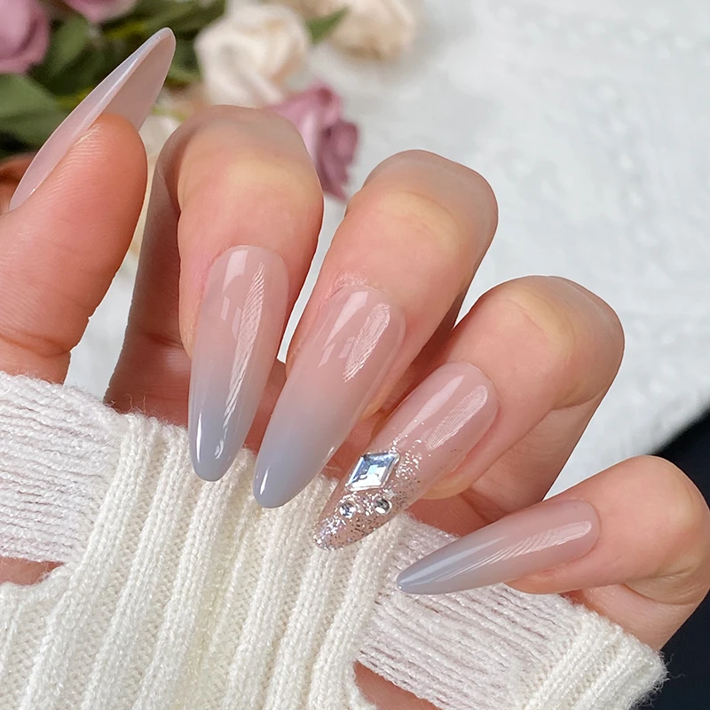 【夕雾】手工穿戴甲纯欲简约长款高级感法式裸色带钻美甲指甲贴片