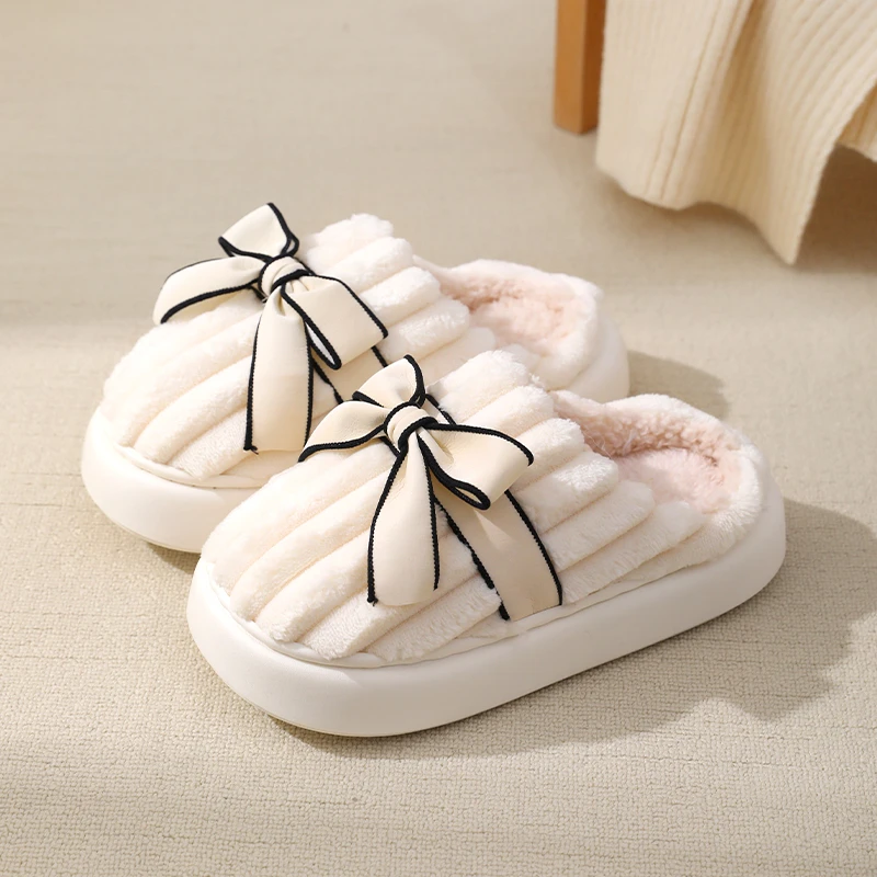 厚底棉拖鞋女士冬季2024新款室内家居防滑保暖蝴蝶结毛绒拖鞋女冬