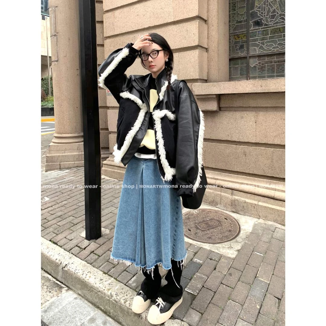 【年终大促】黑色 重工流苏夹棉pu外套 OA225627