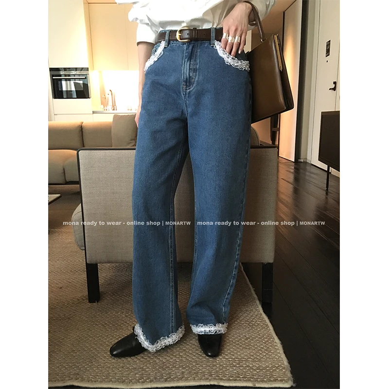 【Mona张绮贤】MONA 蕾丝设计感 中腰牛仔裤女 O124K10156
