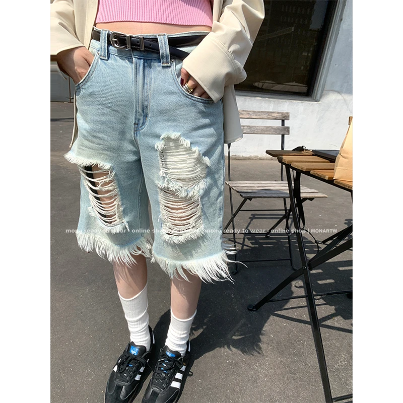 【MONA折扣款】MONA不规则拉毛破洞 蓝色牛仔裤女 OJ344052