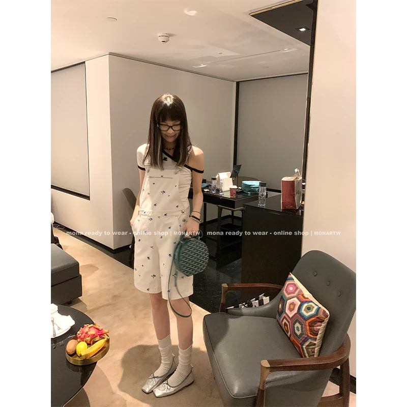 【MONA折扣款 】MONA100棉 刺绣宽松背带裤短裤 OA351930