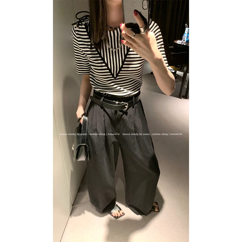 【MONA折扣款】MONA冰凉感圆领条纹短袖针织t恤 OS347682