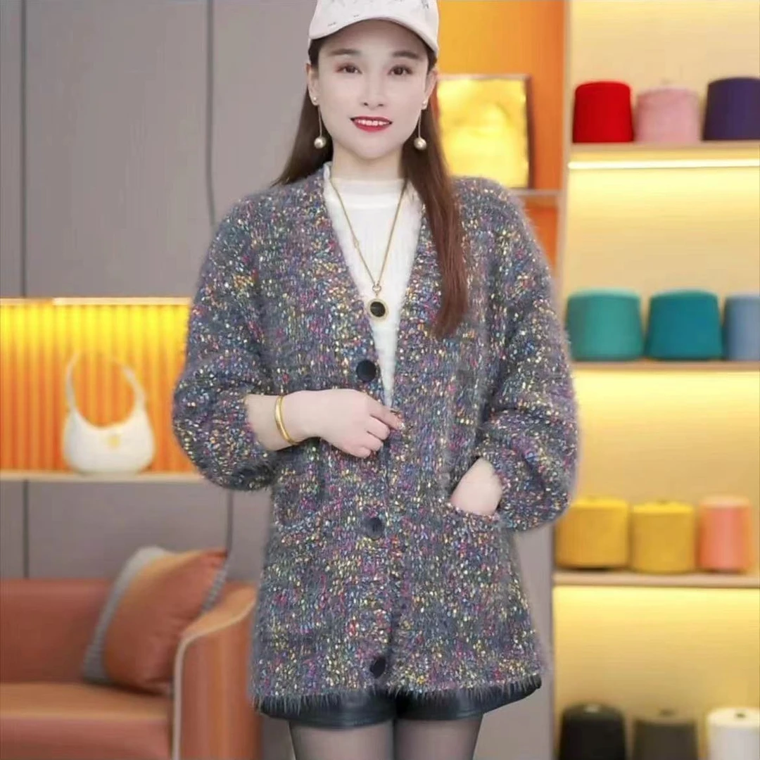 软糯彩色花线针织开衫女秋冬季2025新款V领长袖宽松慵懒毛衣外套