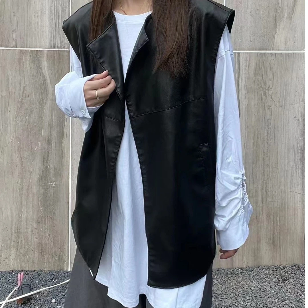 pu皮衣马甲女春秋2023新款欧韩大版外搭时尚洋气下摆缺口外套