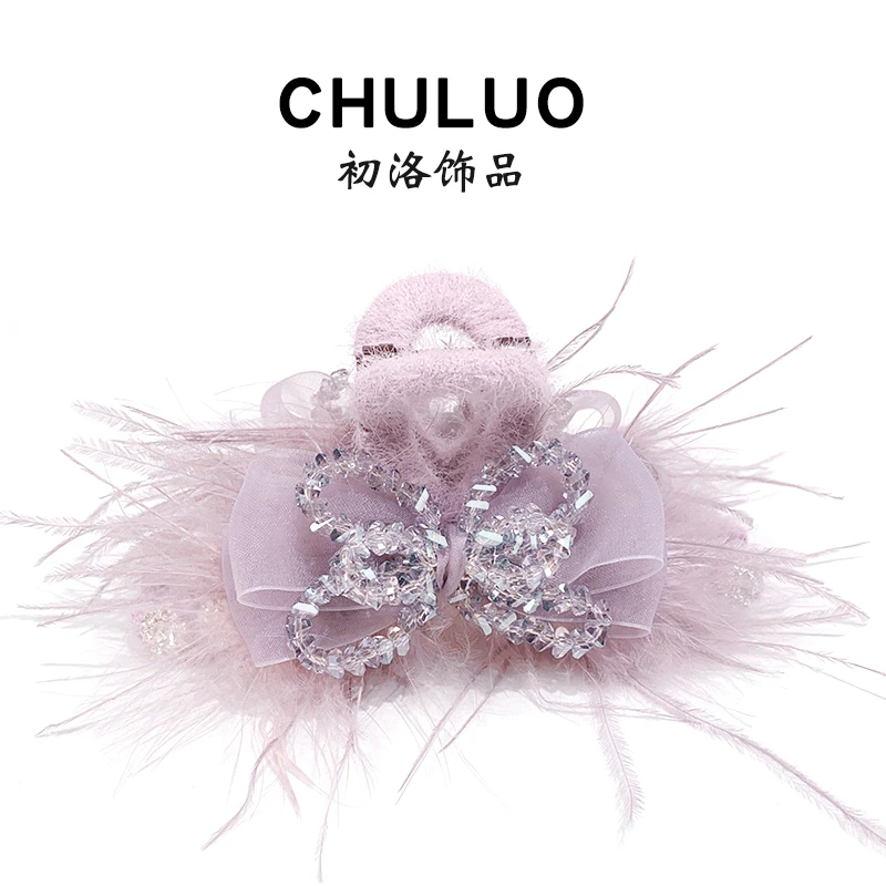 C441韩版水晶蝴蝶结毛毛抓夹13厘米