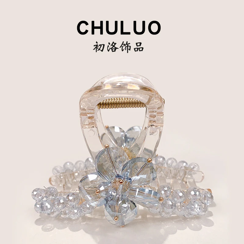 C253韩版新款水晶蓝色花朵抓夹8cm