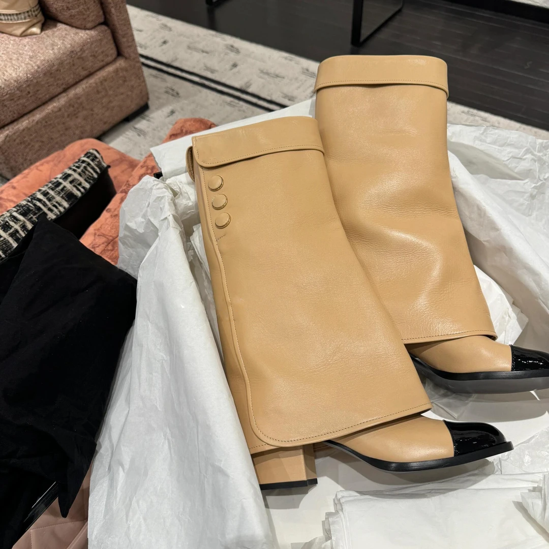 法式小香风圆头气质骑士靴百搭粗跟高筒靴真皮不过膝长靴女裤管靴