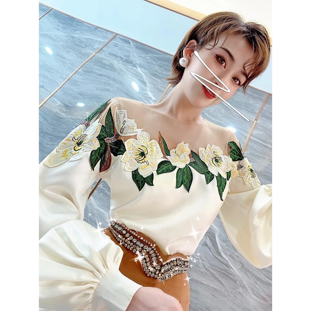 法式网纱拼接衬衫春装女2025新款重工刺绣花朵衬轻奢衣漂亮时尚