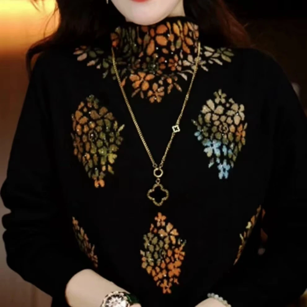 2024秋冬澳绒原创设计感印花烫钻半高领时尚澳绒气质减龄保暖女装