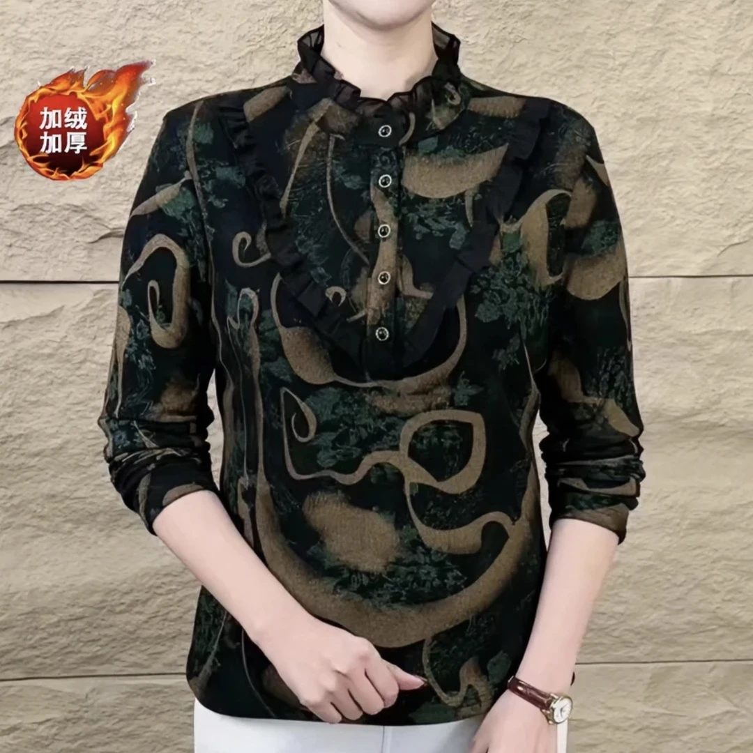 2024秋冬新款立领花边长袖加绒打底衫时尚妈妈装显瘦百搭上衣减龄