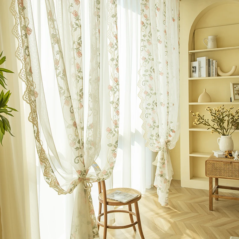 纱帘田园绣花纱玫瑰刺绣法式蕾丝客厅阳台飘窗梦幻纱帘定制