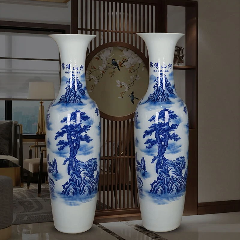 景德镇陶瓷器一米二落地大花瓶鸿运当头青花瓷客厅摆件酒店摆设