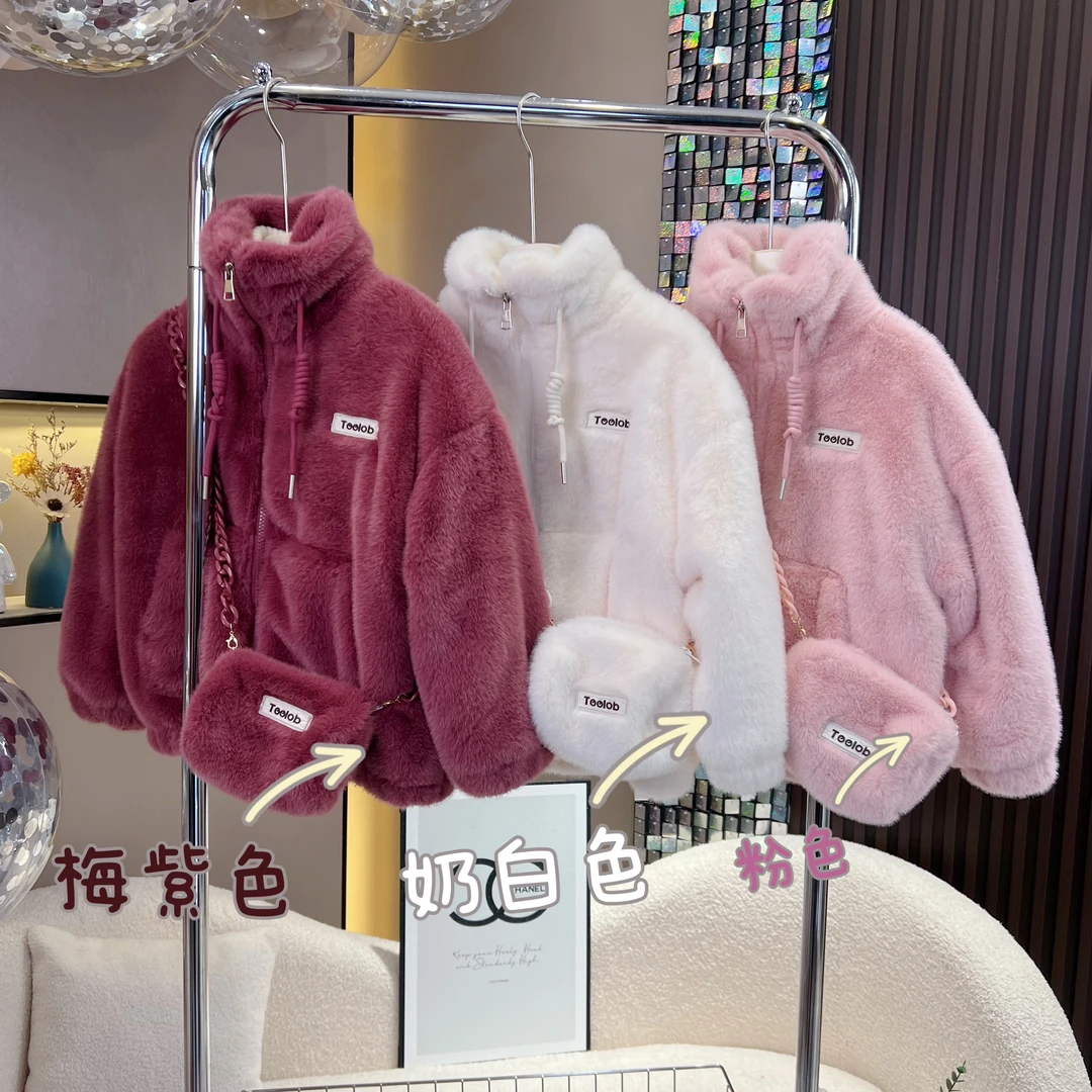 【卡柏定制】3900女童冬新款韩版洋气时尚抽绳气质百搭加绒毛毛外套
