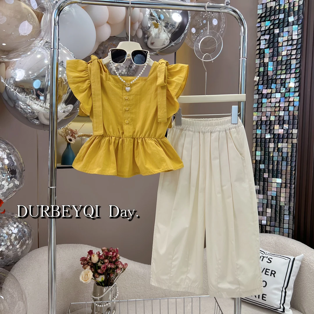 女童夏季新款单排扣小飞袖松紧腰休闲裤套装4507