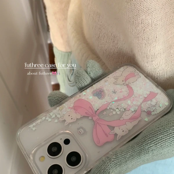 可爱兔子蝴蝶结流沙透明适用苹果15promax防摔iPhone14/13手机壳