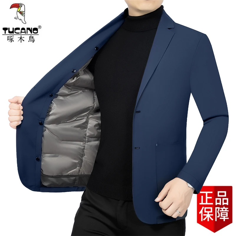 啄木鸟青年轻薄羽l绒服男短款西服2023新款冬季加厚中年休闲西装