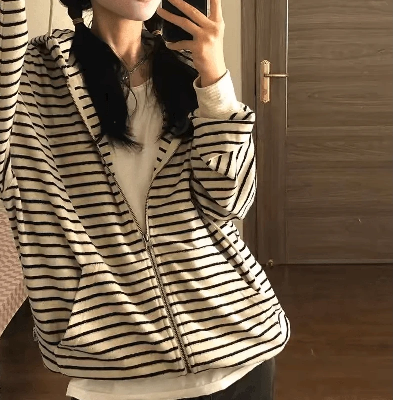 美式慵懒开衫条纹卫衣外套女春秋冬2025新款宽松连帽chic港风上衣