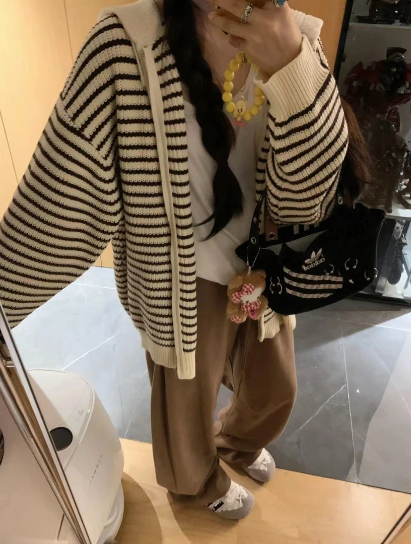 复古慵懒感条纹连帽毛衣秋冬韩版宽松加厚针织开衫外套chic上衣