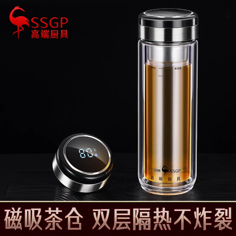 三四钢茶水分离杯双层显温玻璃泡茶杯男士耐高温个人专用玻璃水杯