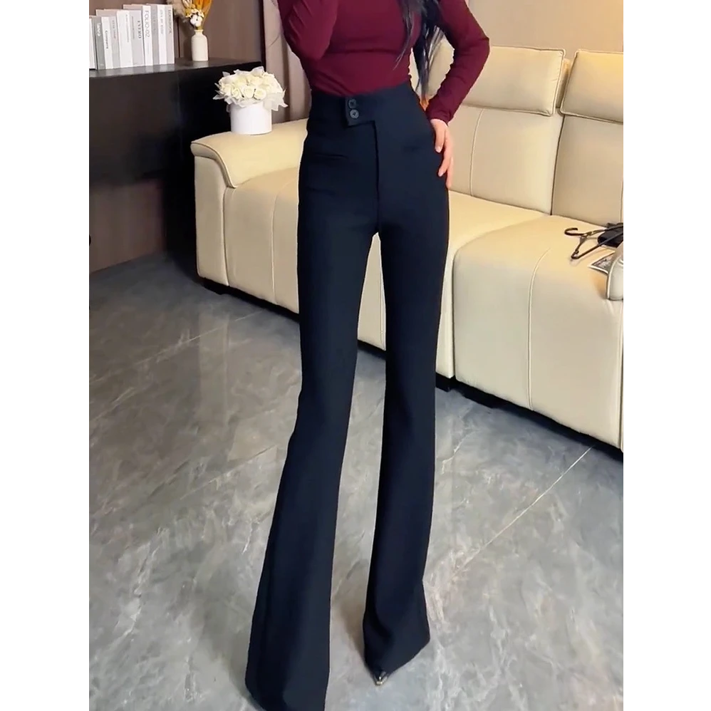 10113黑色微喇女神裤秋冬新款高腰显瘦高级感气质拖地休闲喇叭裤