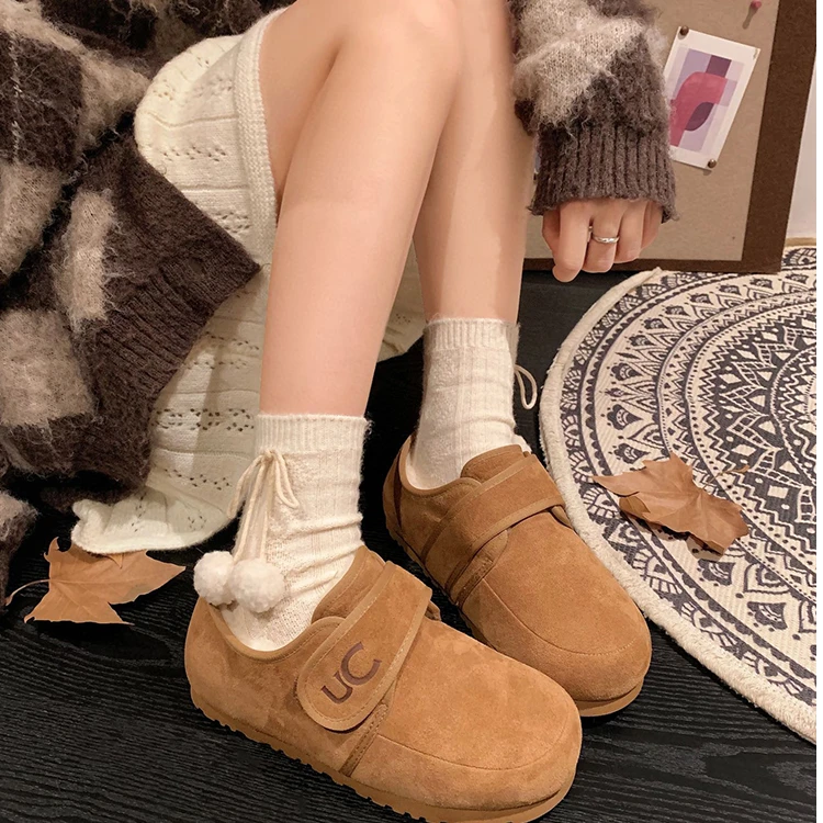 魔术贴软底加绒勃肯鞋女2024冬复古保暖丑萌面包鞋防滑低帮雪地靴