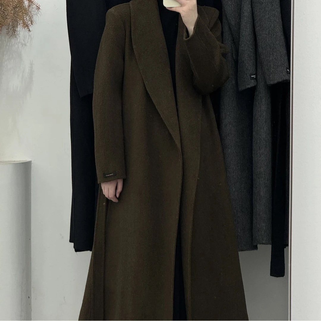 新款双面羊毛大衣 高级加长款羊绒双面腰带气质正肩长毛加厚外套