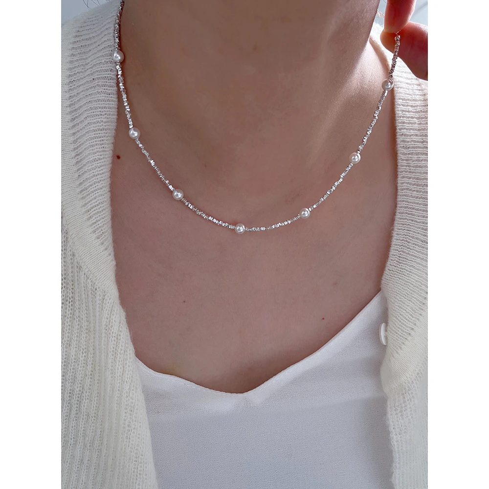 吊坠925银 独特S925纯银碎银子施家珍珠项链轻奢小众设计锁