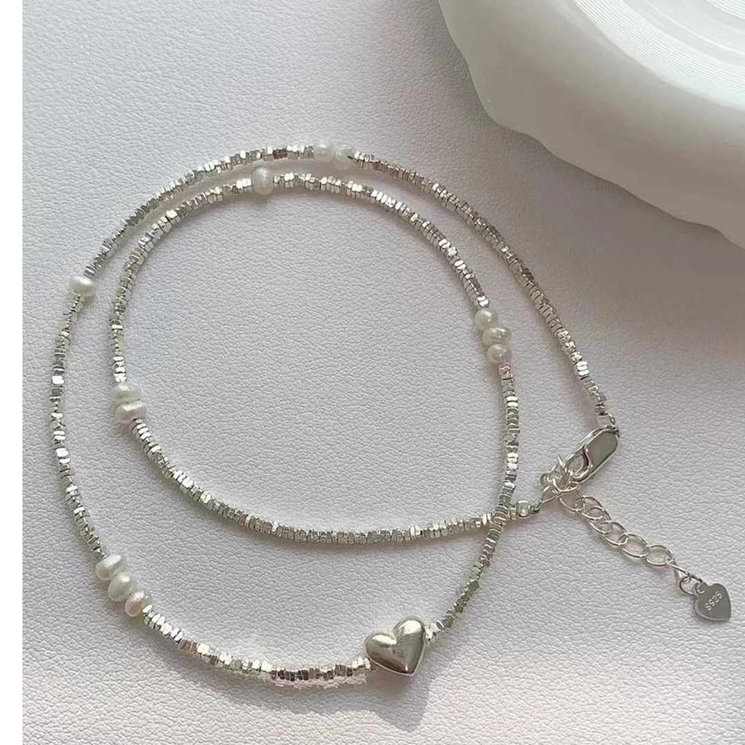 吊坠925银 简约高档爱心碎银子珍珠项链高级感小众设计甜美气质