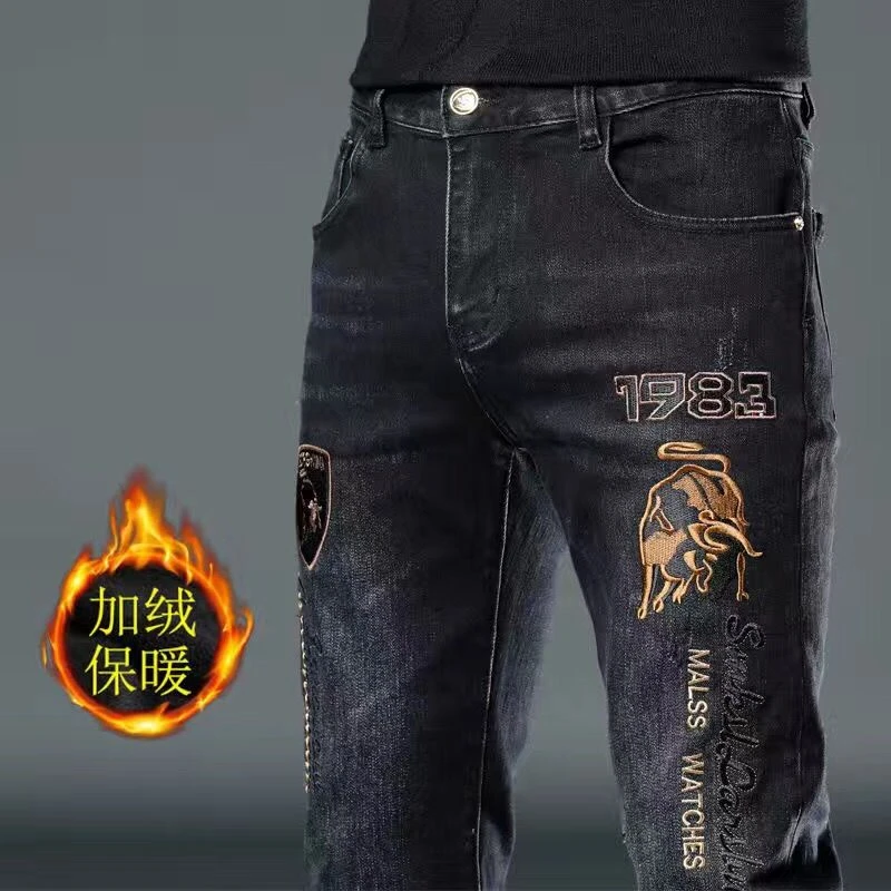 欧美高端刺绣加绒牛仔裤男潮流秋冬季厚款修身弹力时尚小脚长裤子