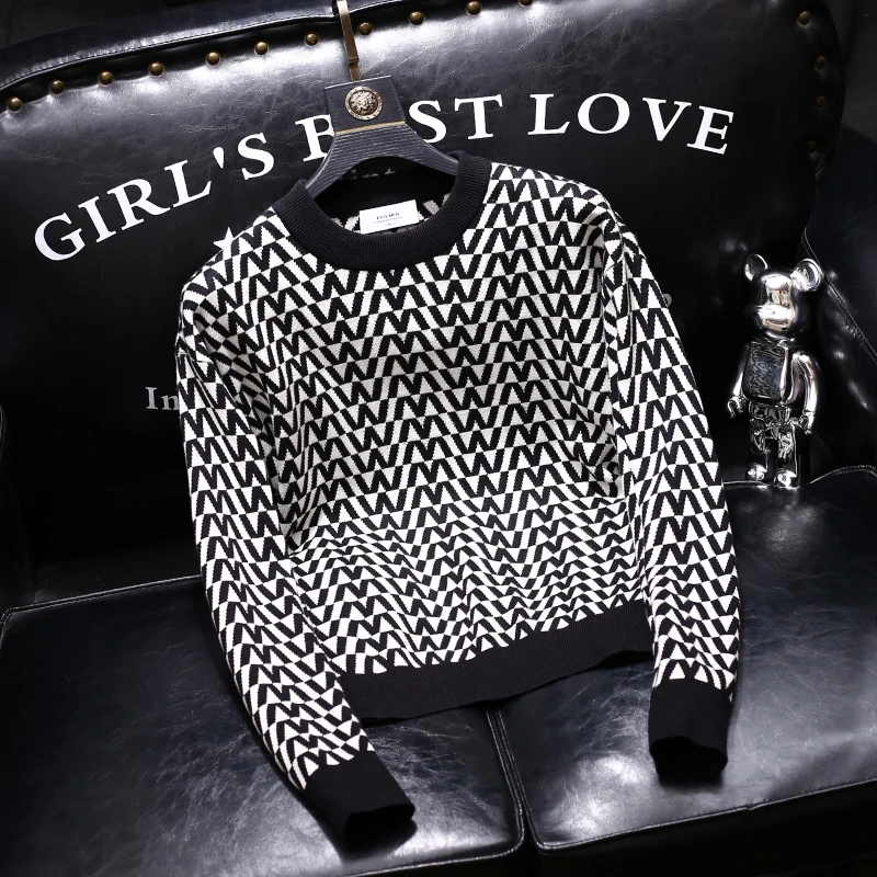 欧货轻奢秋冬新款男士套头针织衫潮牌字母拼色满印提花打底毛衣