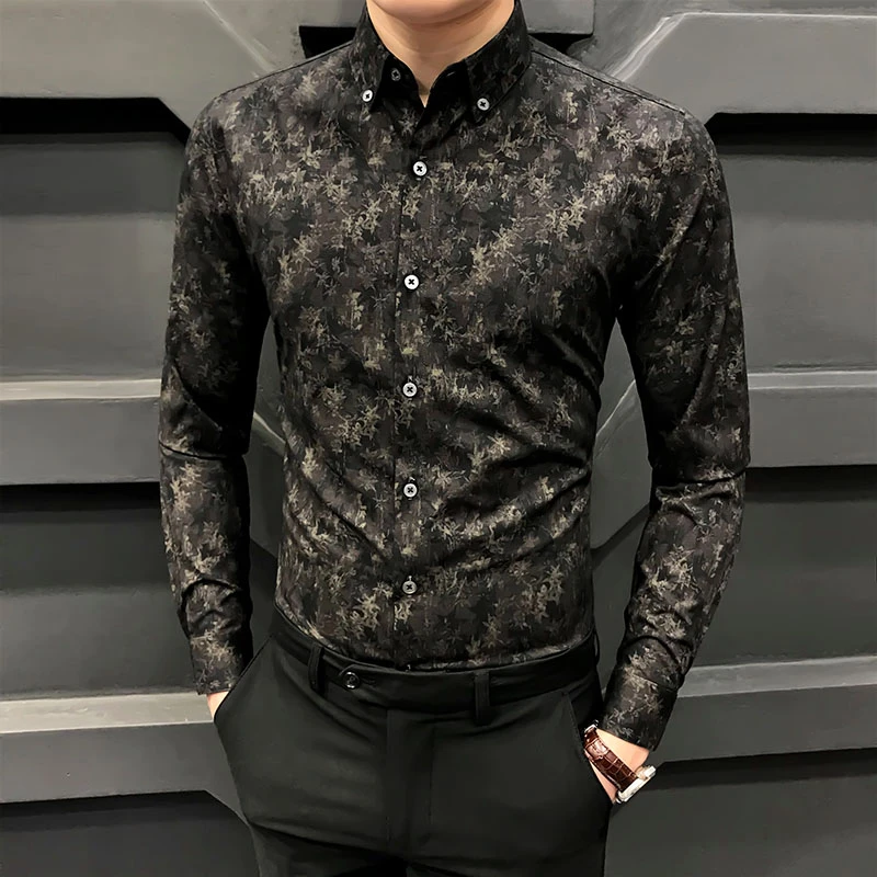 欧货潮流花衬衫男长袖春季新款高级感男士衬衣商务潮牌修身男装寸