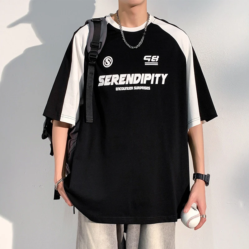 夏季拼接撞色短袖T恤棉质插肩袖运动五分袖男百搭宽松港风半袖t恤