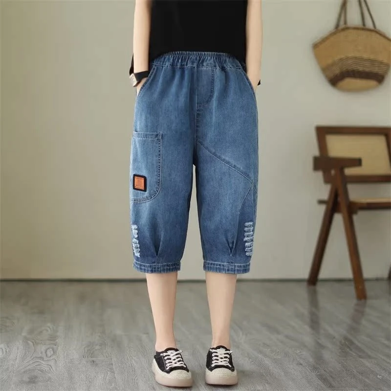 夏季大码牛仔六分裤女薄新款宽松哈伦裤贴布翻边短裤高腰显瘦中裤