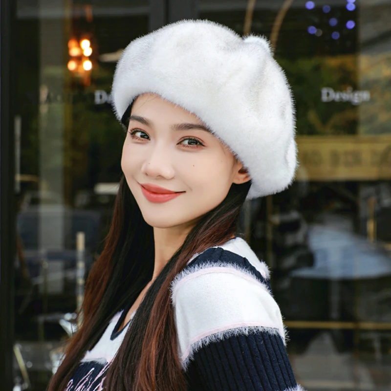 【红姐推荐】2023新款仿水貂毛贝雷帽女冬季显脸小加厚云朵蓓蕾帽子