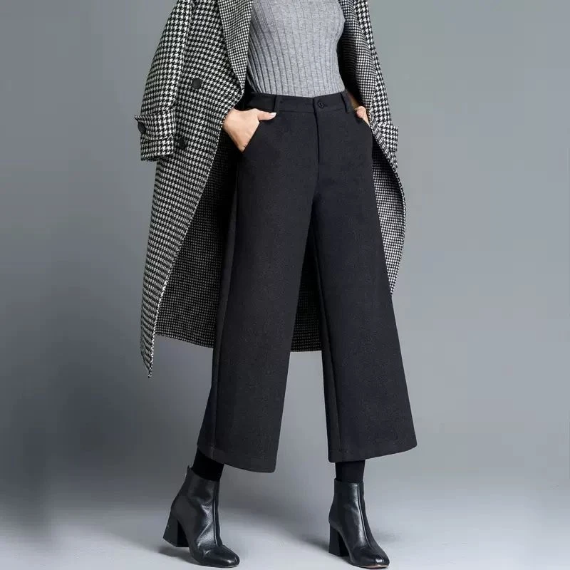 加厚毛呢阔腿裤女秋季2025新款高腰遮肉直筒裤子毛呢小个子九分裤