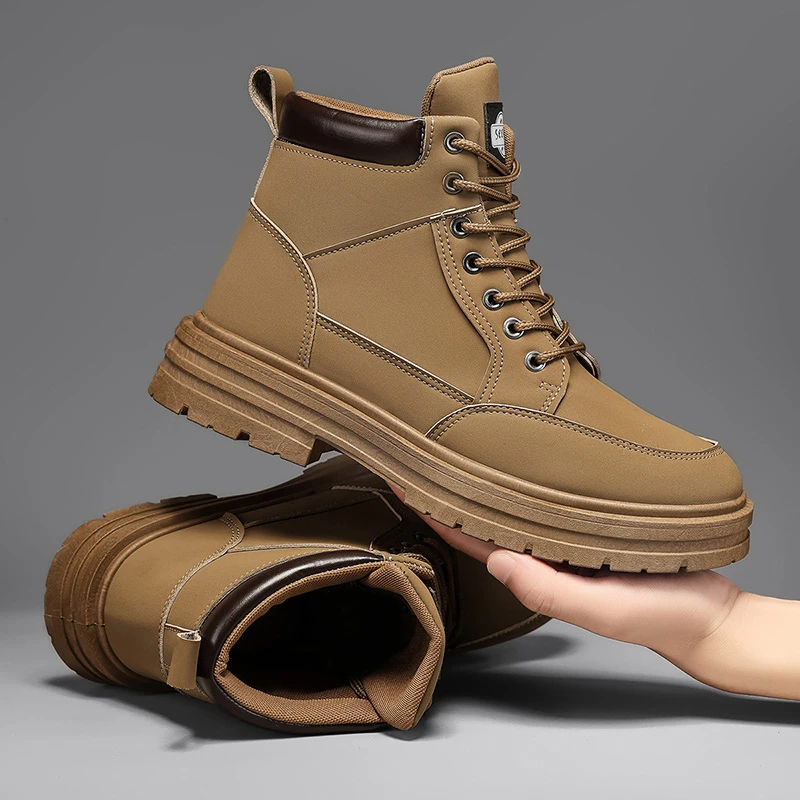 男鞋秋季马丁靴男休闲运动工装靴子皮面防水大黄靴高帮登山靴子男