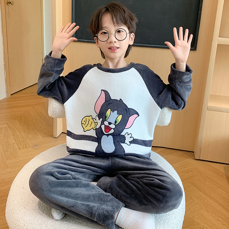 儿童睡衣男孩秋冬款加厚珊瑚绒卡通新款男童加绒法兰绒青少年套装