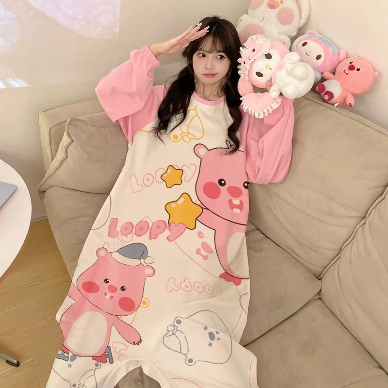 女童睡衣纯棉长袖连体衣春秋季装中大童卡通女孩防踢被连体家居服