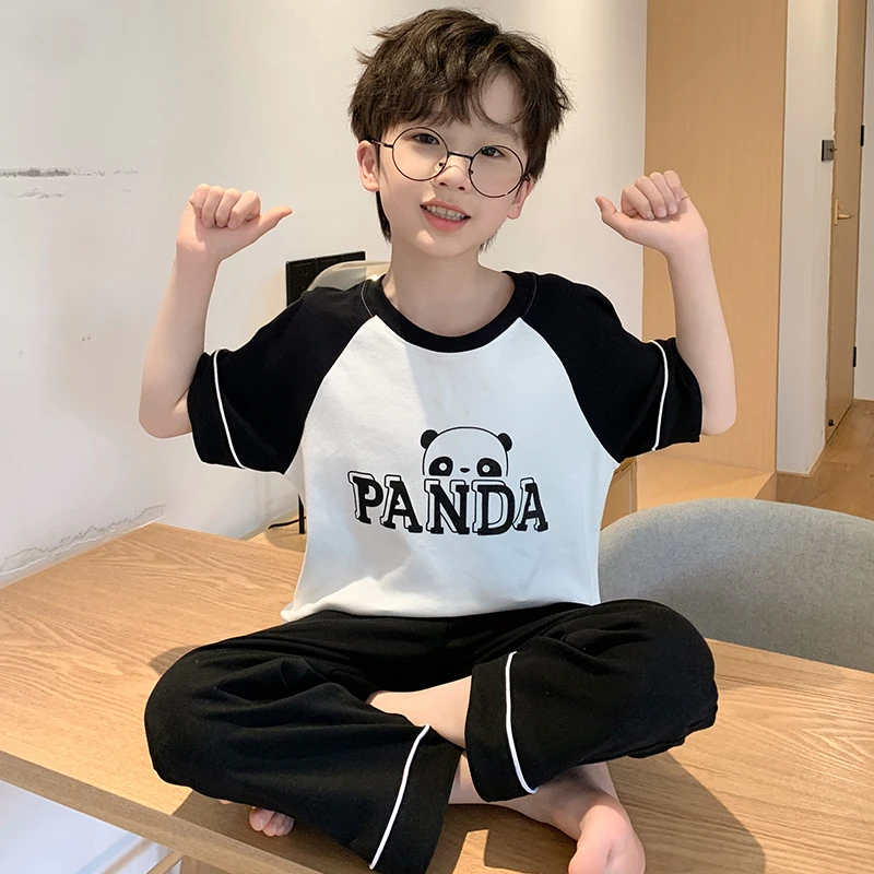 儿童睡衣男童夏季纯棉短袖长裤套装中大童薄款男孩空调家居服夏天