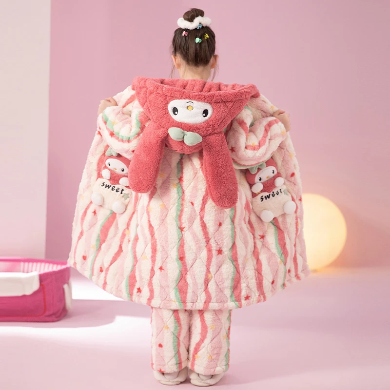 儿童睡袍三层夹棉珊瑚绒加绒加厚冬款女孩2025新款女童冬季家居服