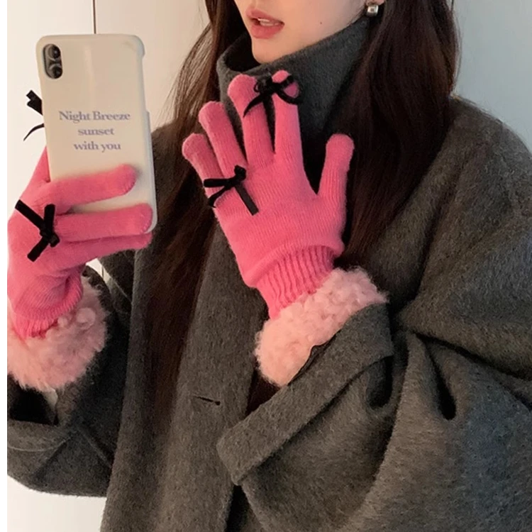 可爱黑色蝴蝶结毛毛边保暖分指毛线针织露指可触屏手套女冬季骑行