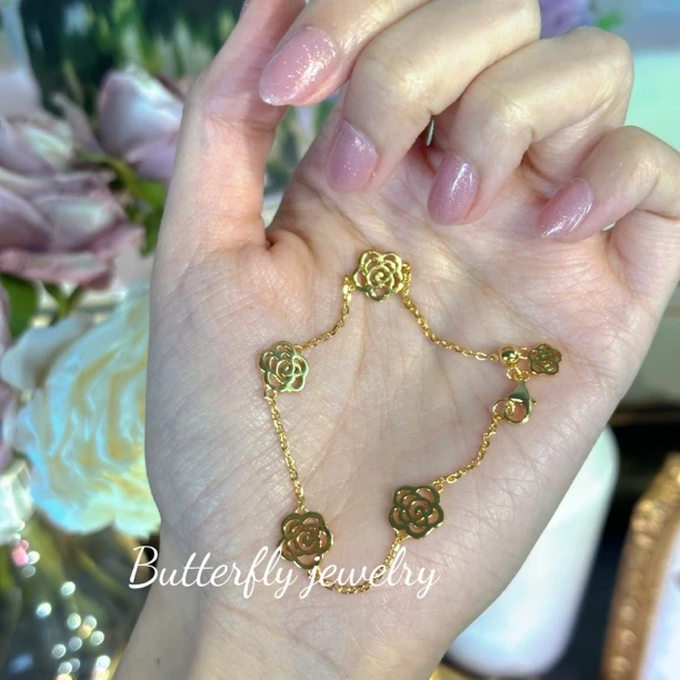 925银手链 纯银S925K金电镀小香风镂空山茶花抽拉可调节手链轻奢