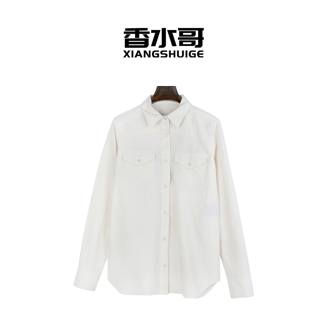202424春夏新品女水洗棉牛仔衬衫米奶色翻领长袖开衫休闲时尚上衣
